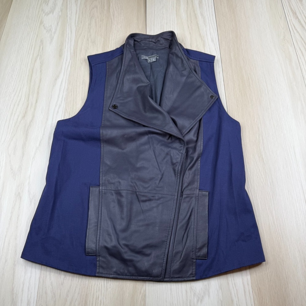 Vince Womens Navy Blue Leather Trim Moto Top Asymmetrical Zip Vest Goat Jacket L